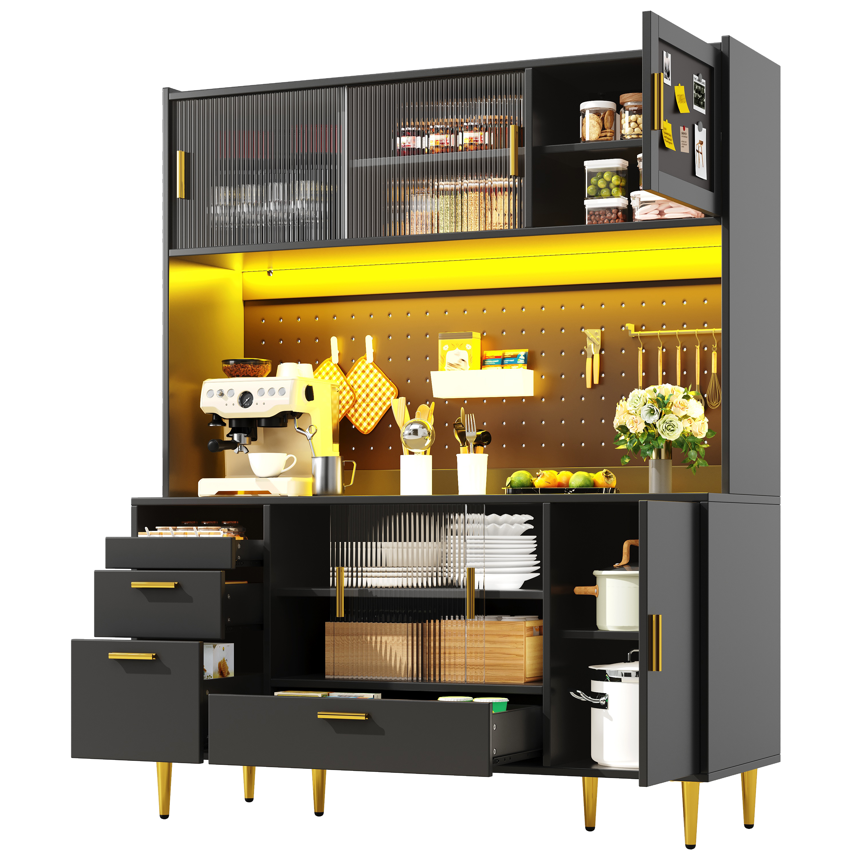 Buffet de cuisine noir brillant avec LED et panneau perfore