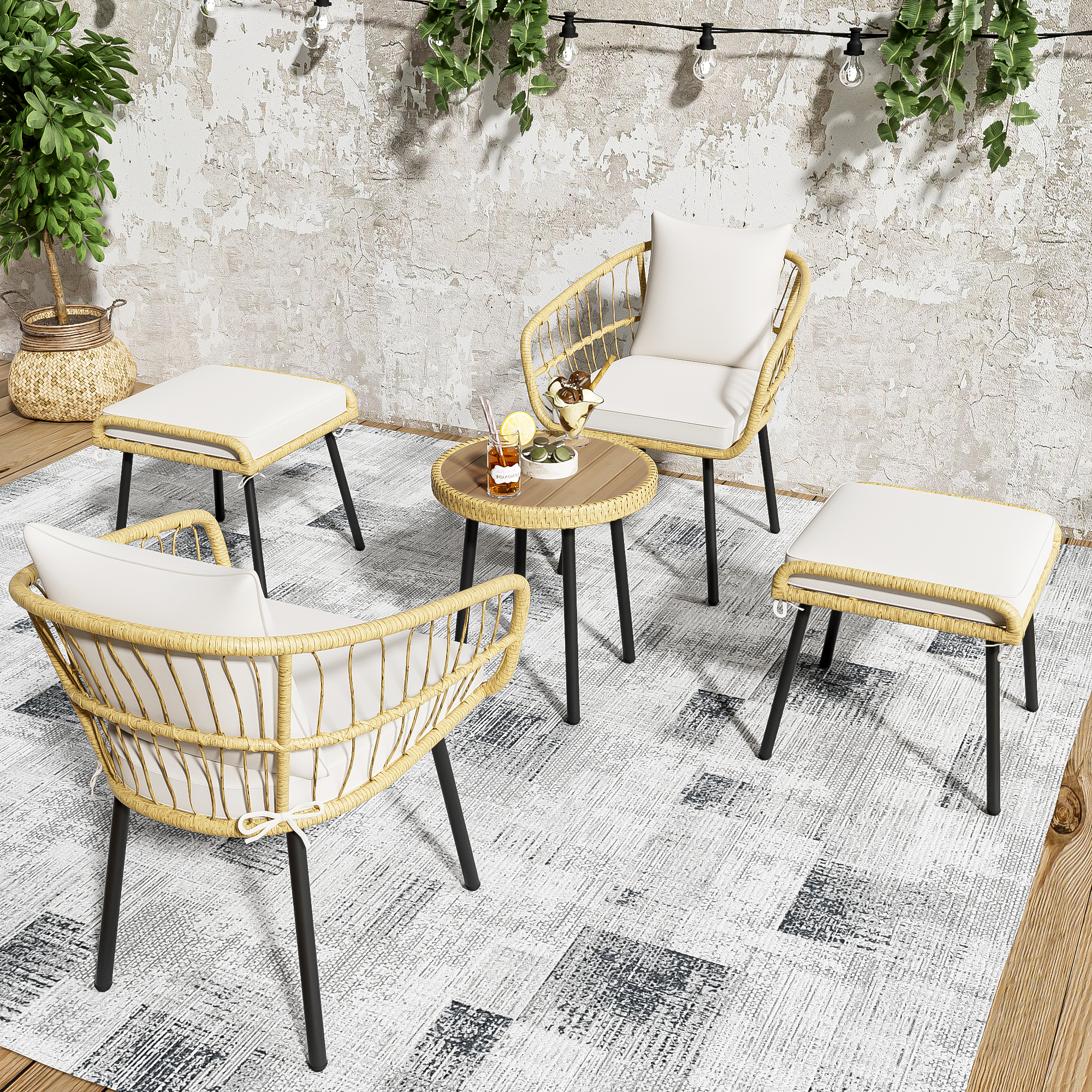 Salon jardin rattan naturel 5 pièces avec table chaises poufs et coussins