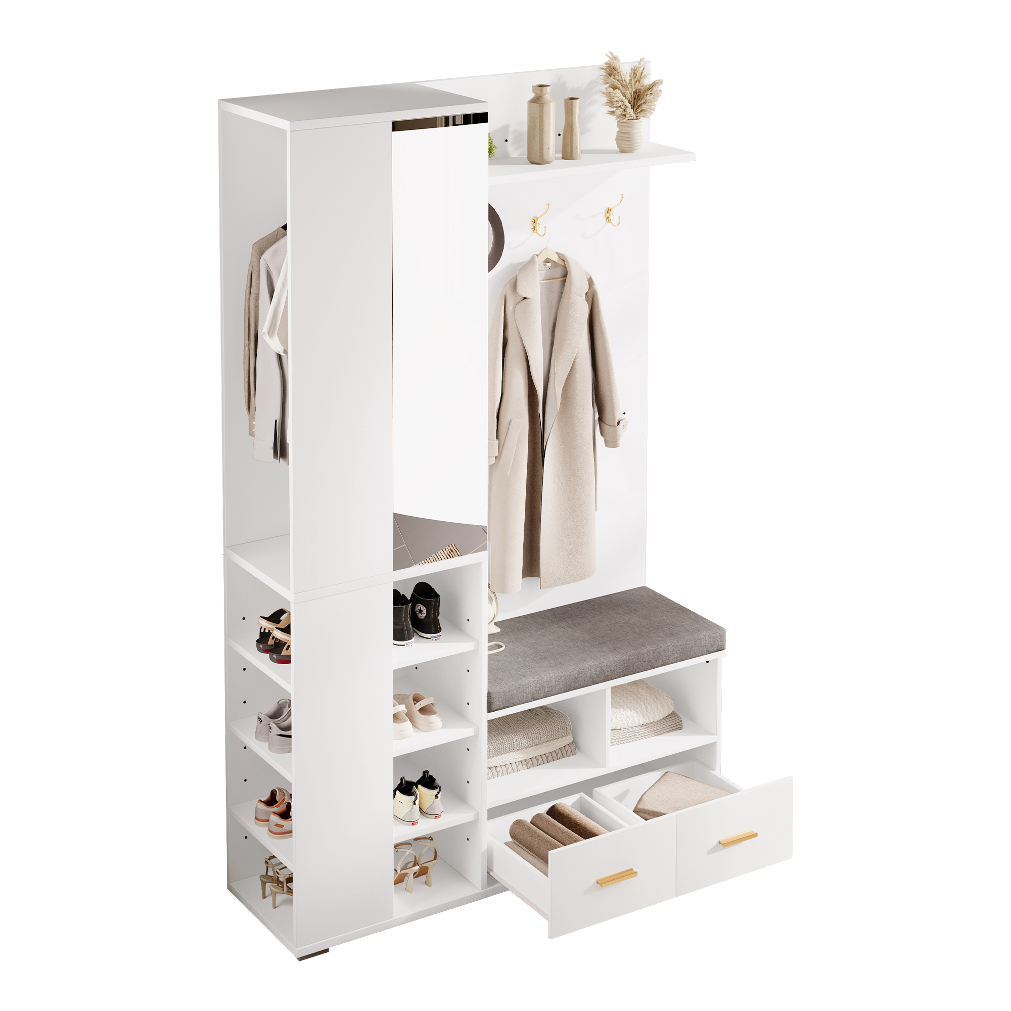 Tiroirs ouverts et structure blanche stable garderobe murale