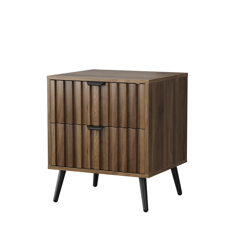 Table de chevet moderne finition noyer avec deux tiroirs et pieds métalliques noirs