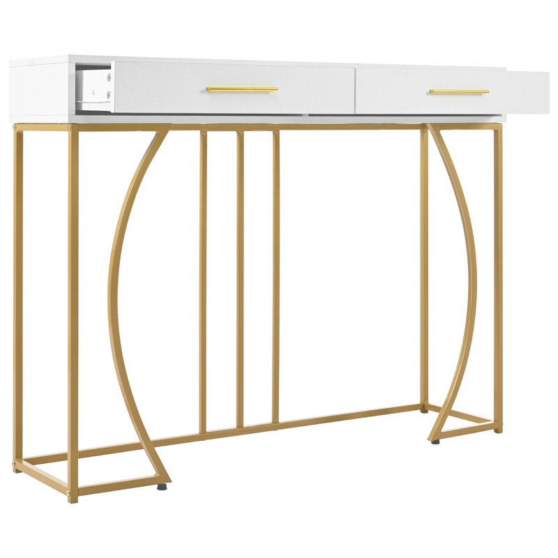 Console blanche et dorée 110 x 32 x 85 cm avec deux tiroirs, structure métallique et pieds réglables