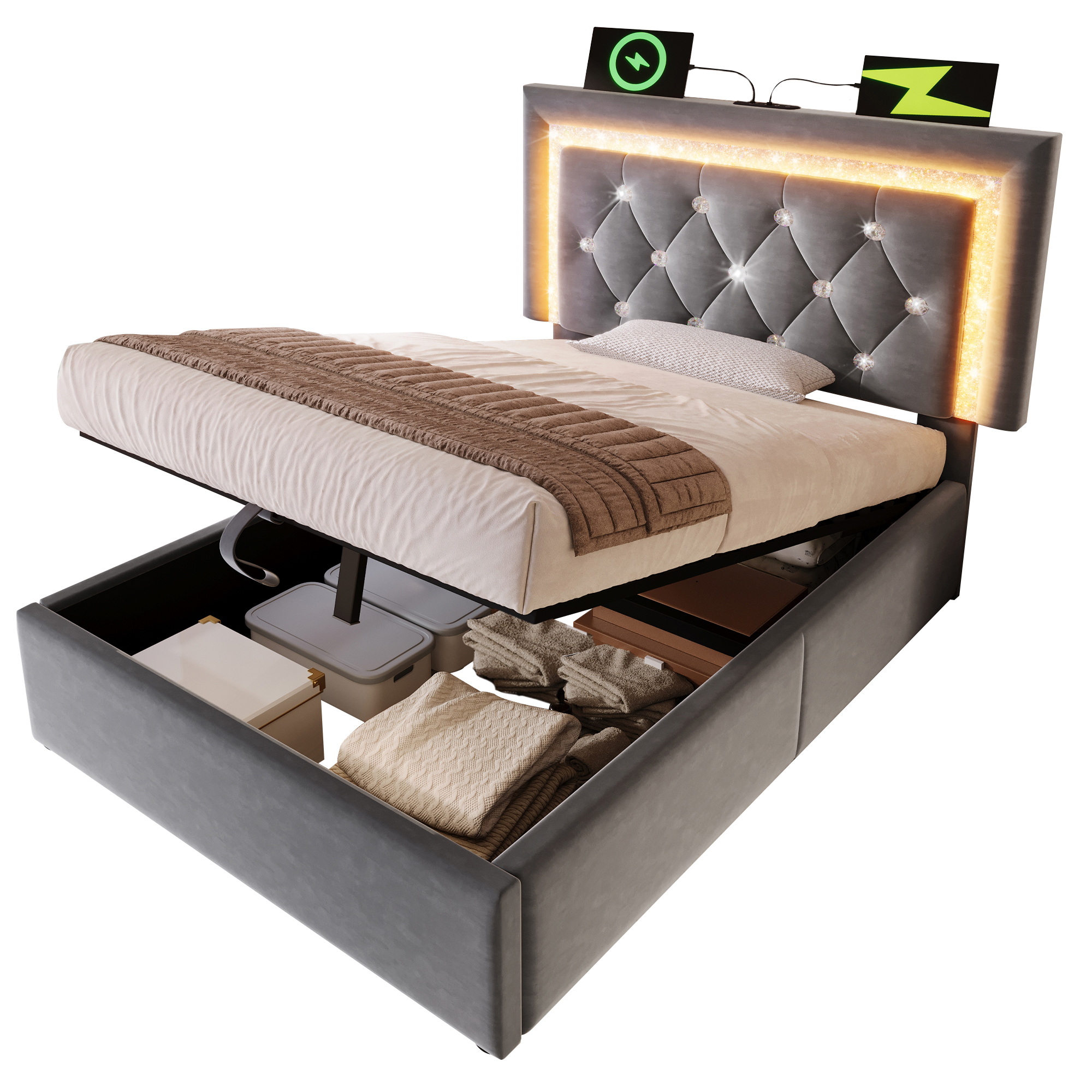 Coffre hydraulique ouvert sous lit velours gris rangement