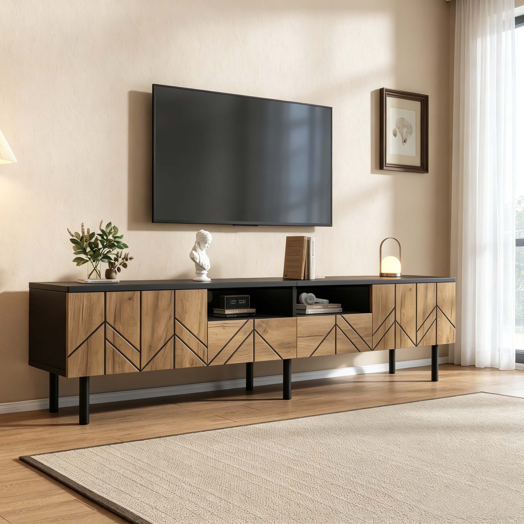 Meuble TV 180 cm noir et effet bois avec tiroirs et portes