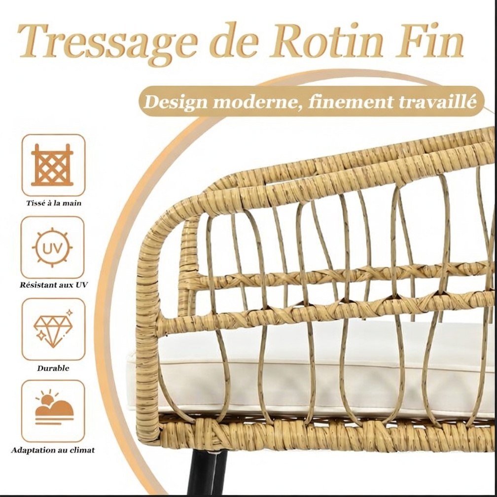 Vue ensemble salon rattan naturel table basse et sièges
