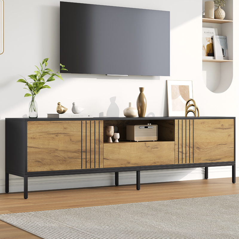 Meuble TV 170 cm effet chêne et noir avec 2 portes et 1 tiroir