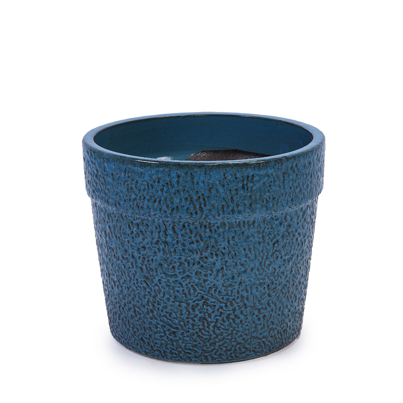 Lot de 3 pots de fleurs en céramique bleu antique avec glaçure mouchetée et trous de drainage