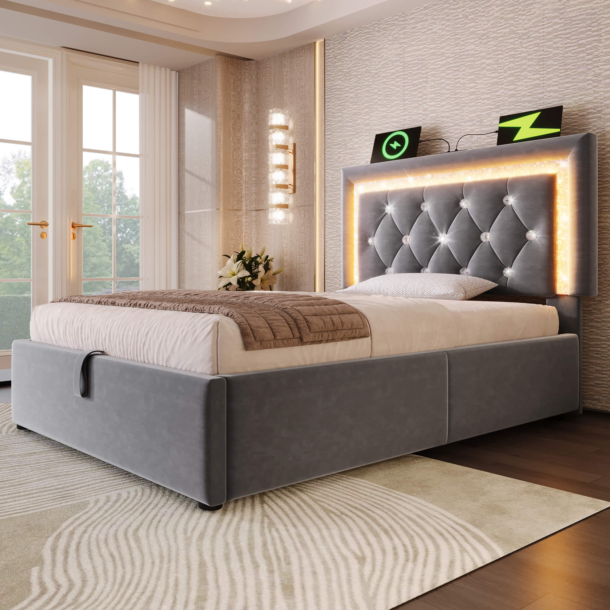 Lit simple gris velours LED diamant tête allumée vue chambre