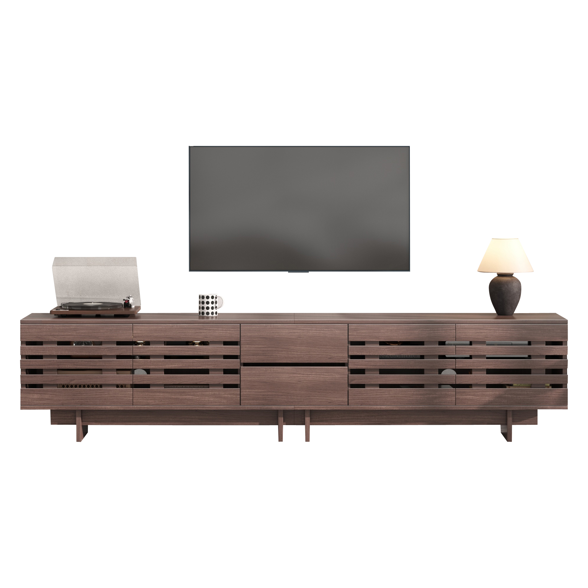 Meuble TV couleur noyer 200 cm avec portes, tiroirs et rangements