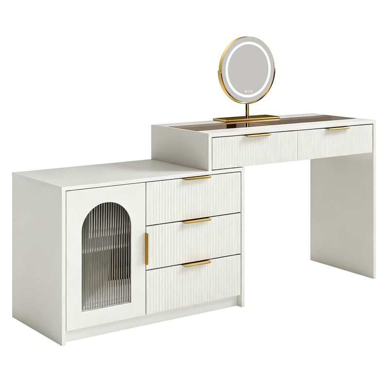Coiffeuse blanche extensible avec miroir LED et rangements