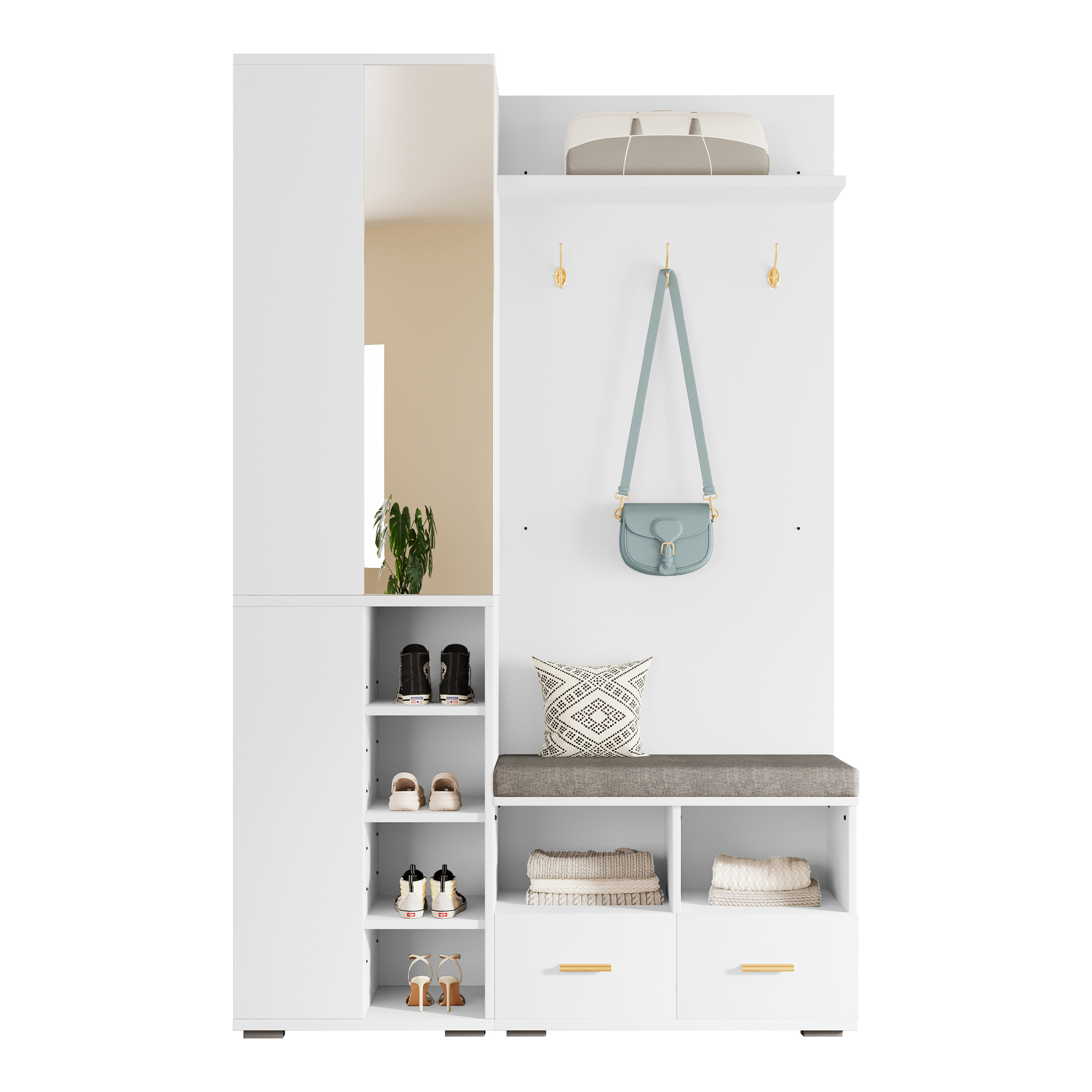 Ensemble garderobe murale blanche vue complète avec miroir et banc