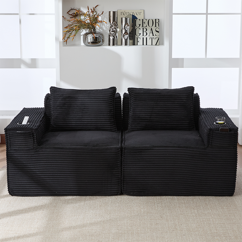 Canape 2 places noir en velours cotele avec porte-gobelets