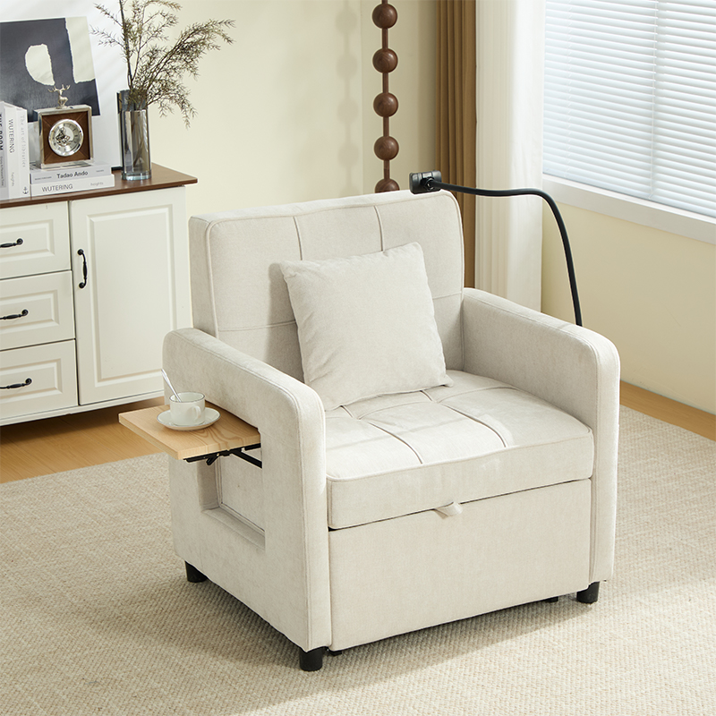 Fauteuil chenille beige mode relax vue complète salon