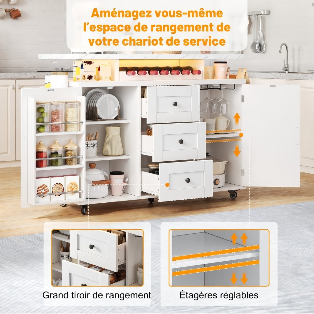 Îlot cuisine mobile blanc avec plateau étendu et LED RGB