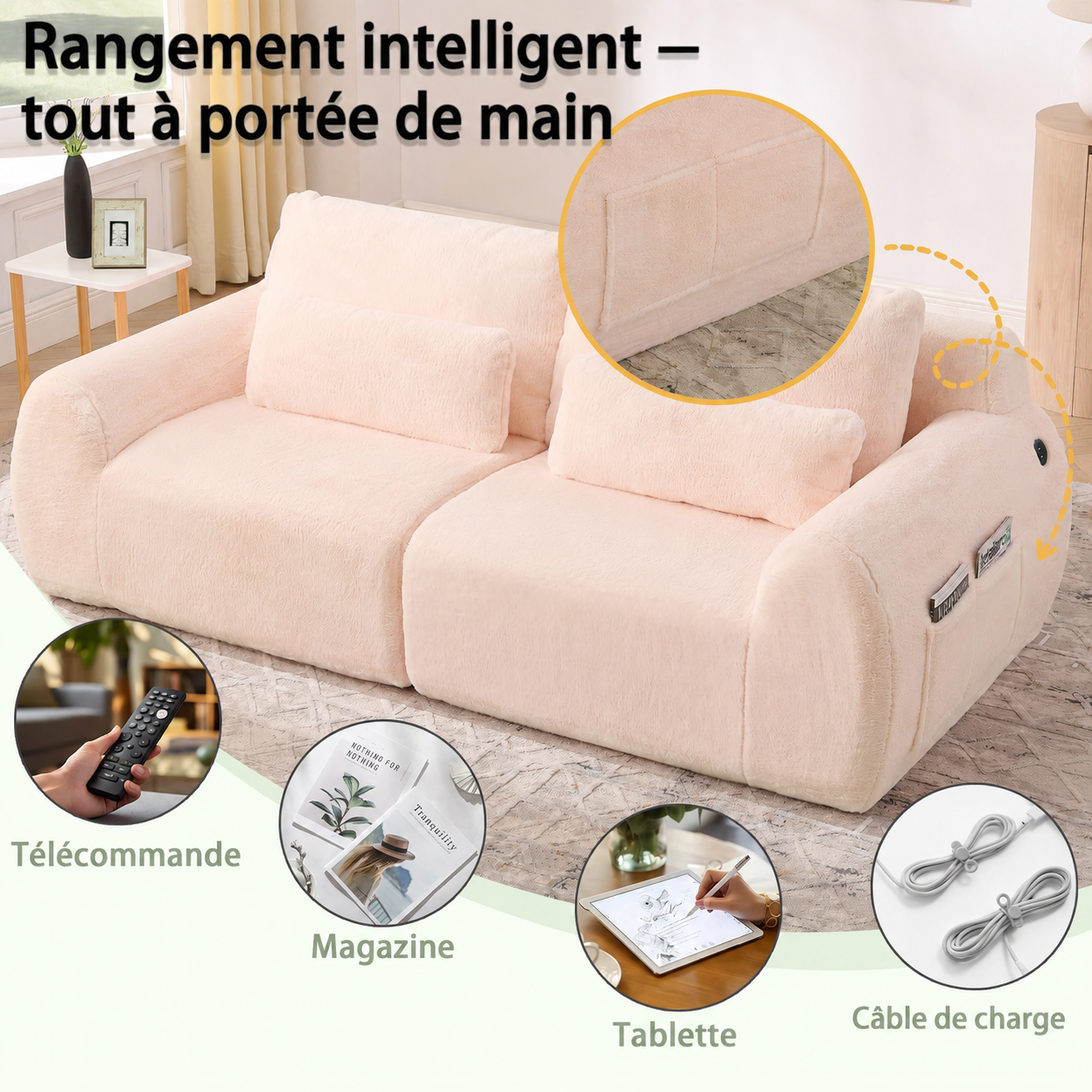 Canapé 2 places rose en imitation fourrure de lapin avec ports USB et poche latérale