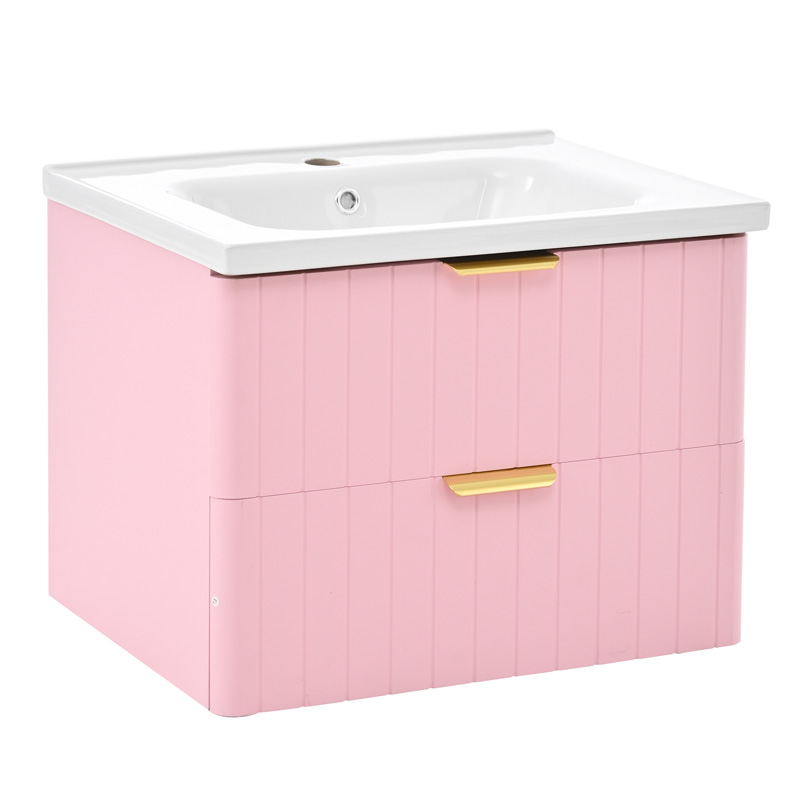 Meuble vasque suspendu rose et blanc 60,5 cm avec lavabo en céramique et rangement à deux niveaux
