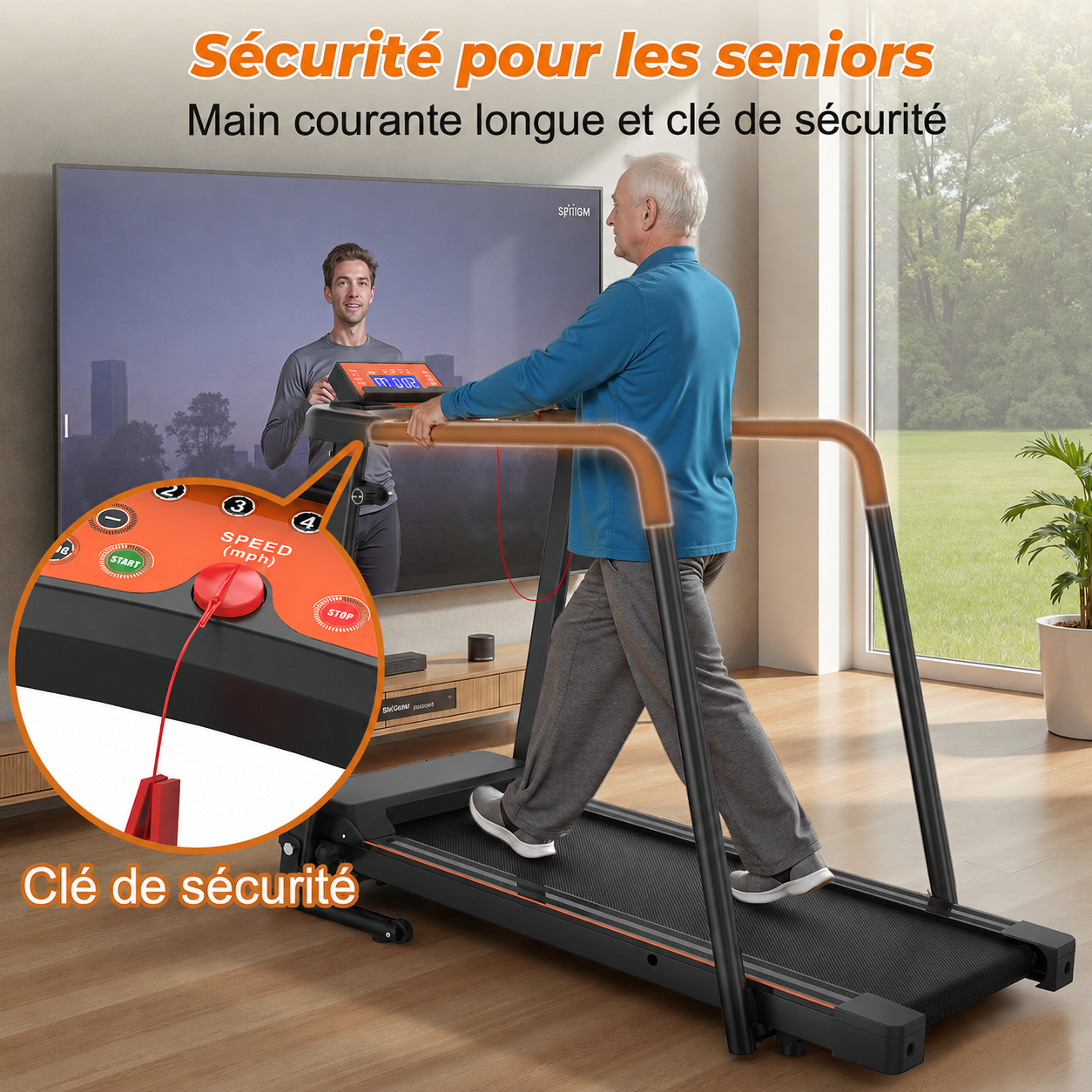 Tapis de course pliable noir pour la maison avec longues poignées, clé de sécurité et contrôle par application