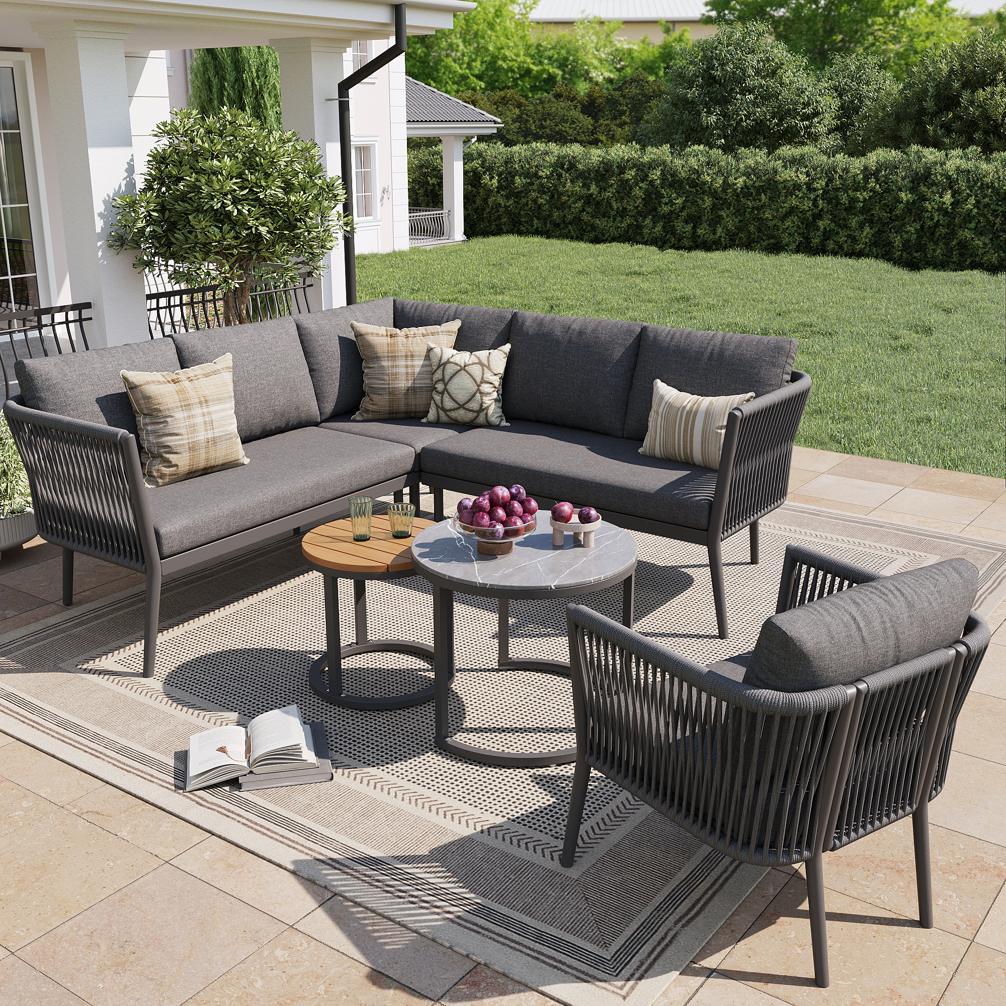 Salon de jardin modulable gris 5 à 6 personnes avec assises en corde, coussins, tables et pieds réglables