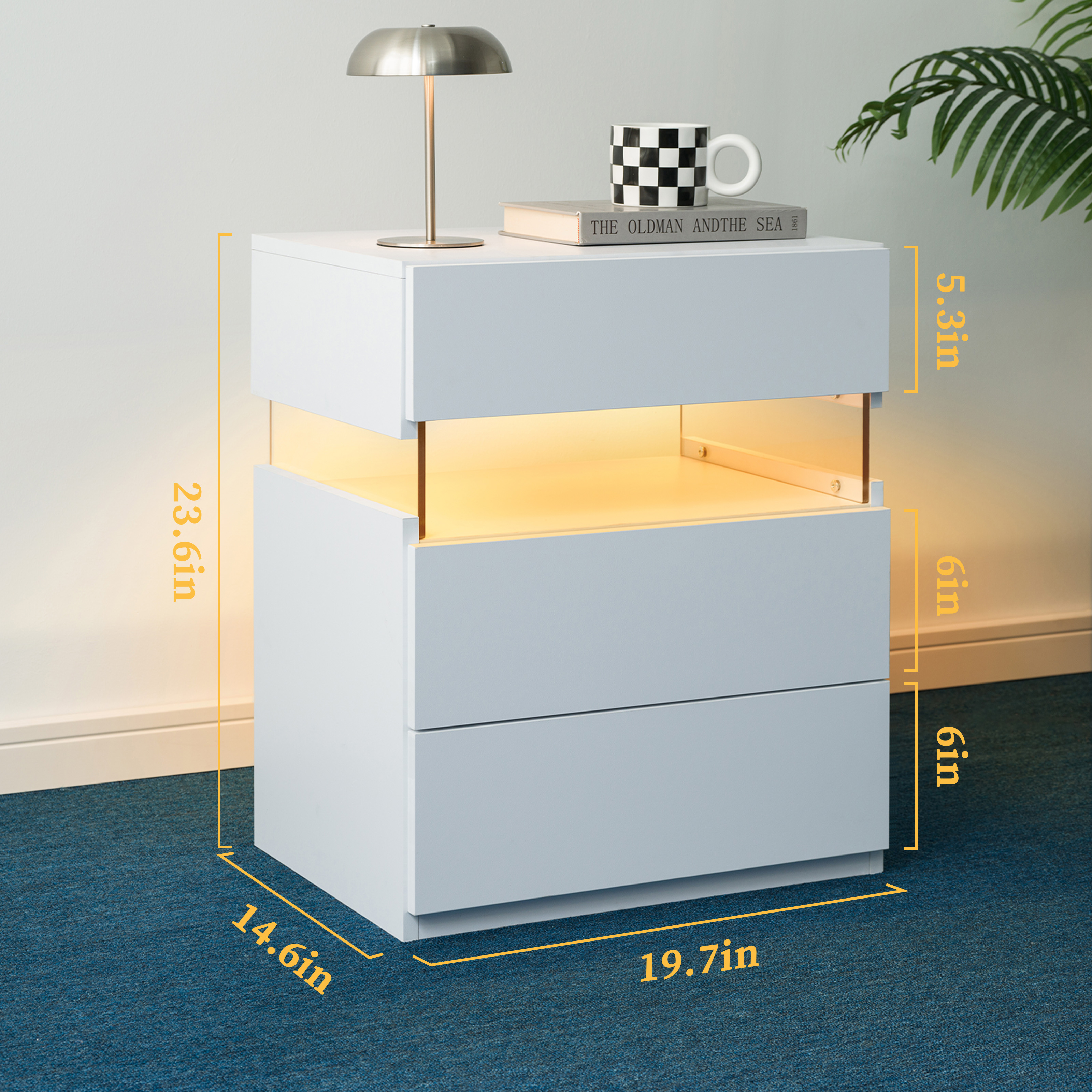 Table de chevet LED tiroirs ouverts détail