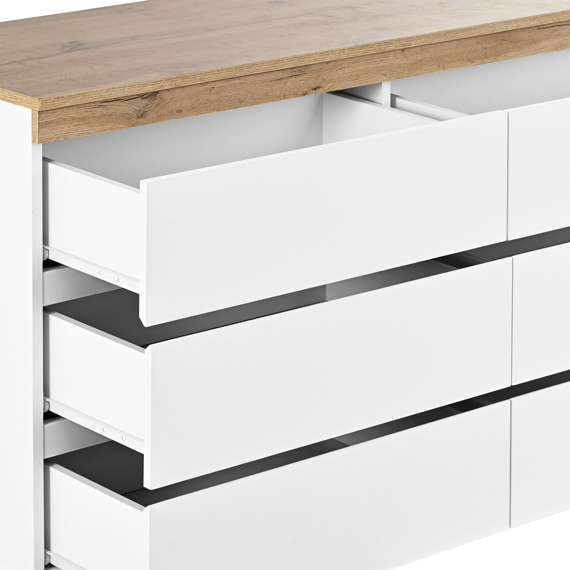 Commode ouverte montrant rangements intérieurs spacieux
