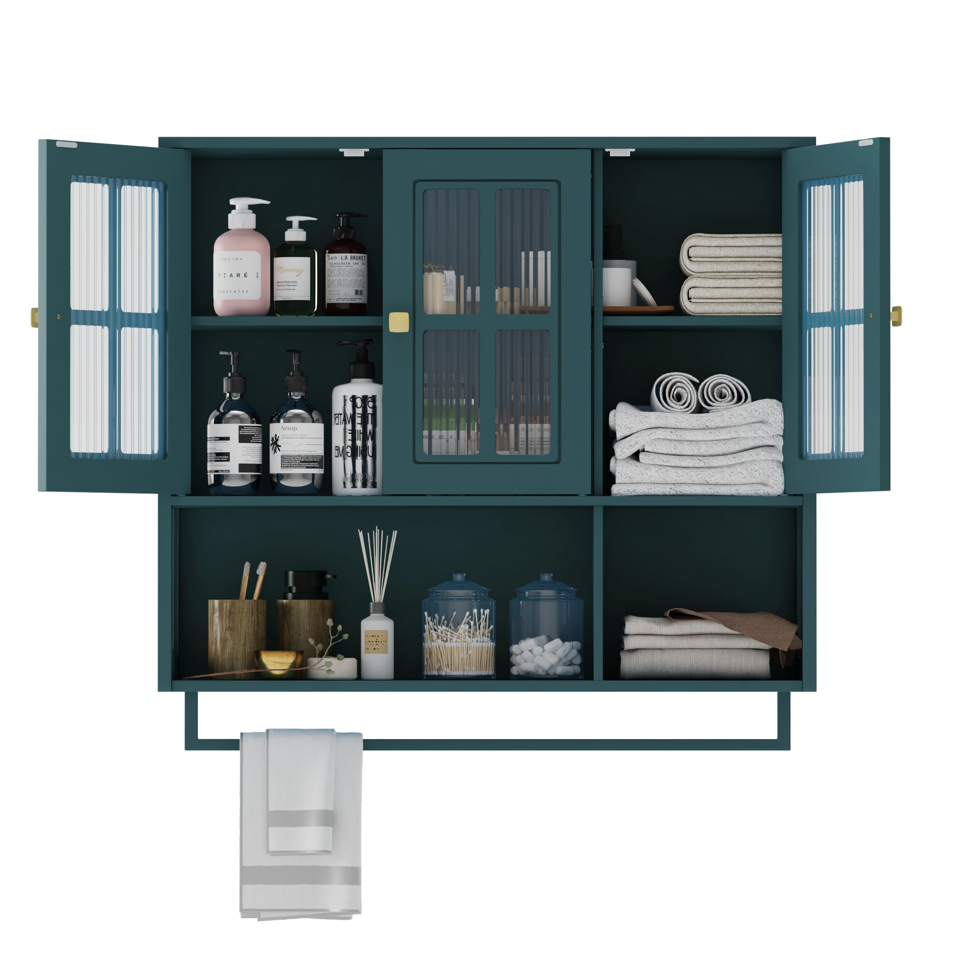 Armoire murale vert foncé 3 portes verre cannelé vue complète