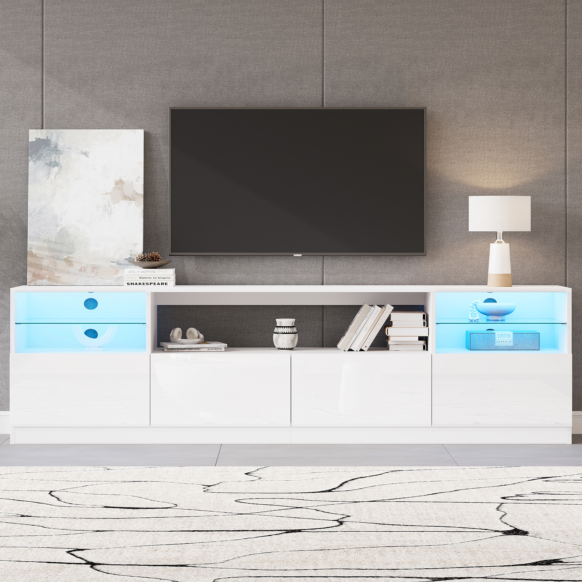 Meuble TV blanc brillant 180 cm avec LED, portes et rangements