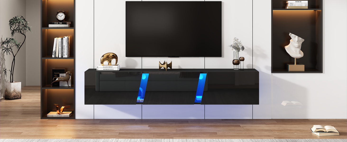 Meuble TV mural noir brillant 180 cm avec éclairage LED, 3 portes abattantes et rangements