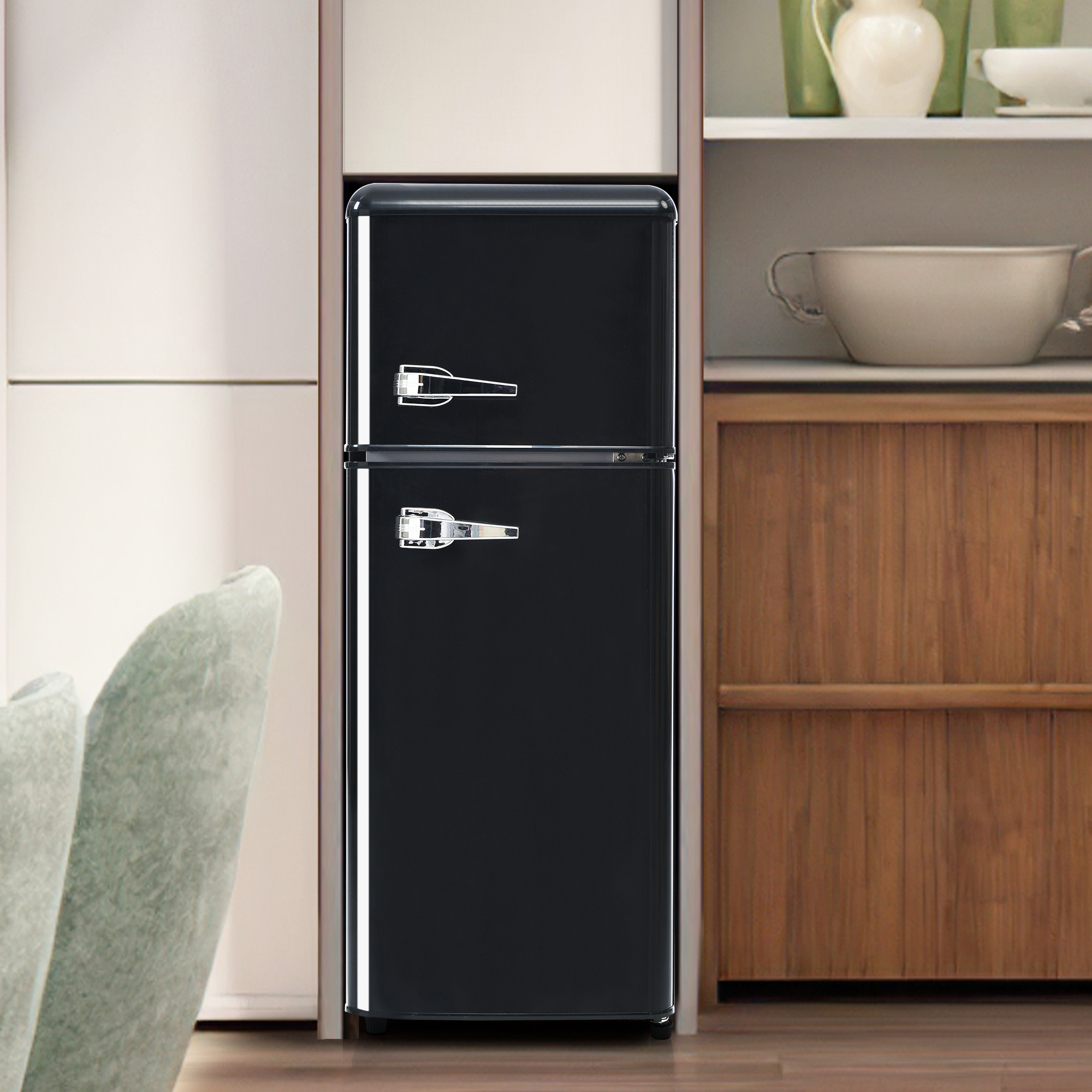 Réfrigérateur rétro noir 92 L double porte avec congélateur, éclairage LED et clayettes réglables