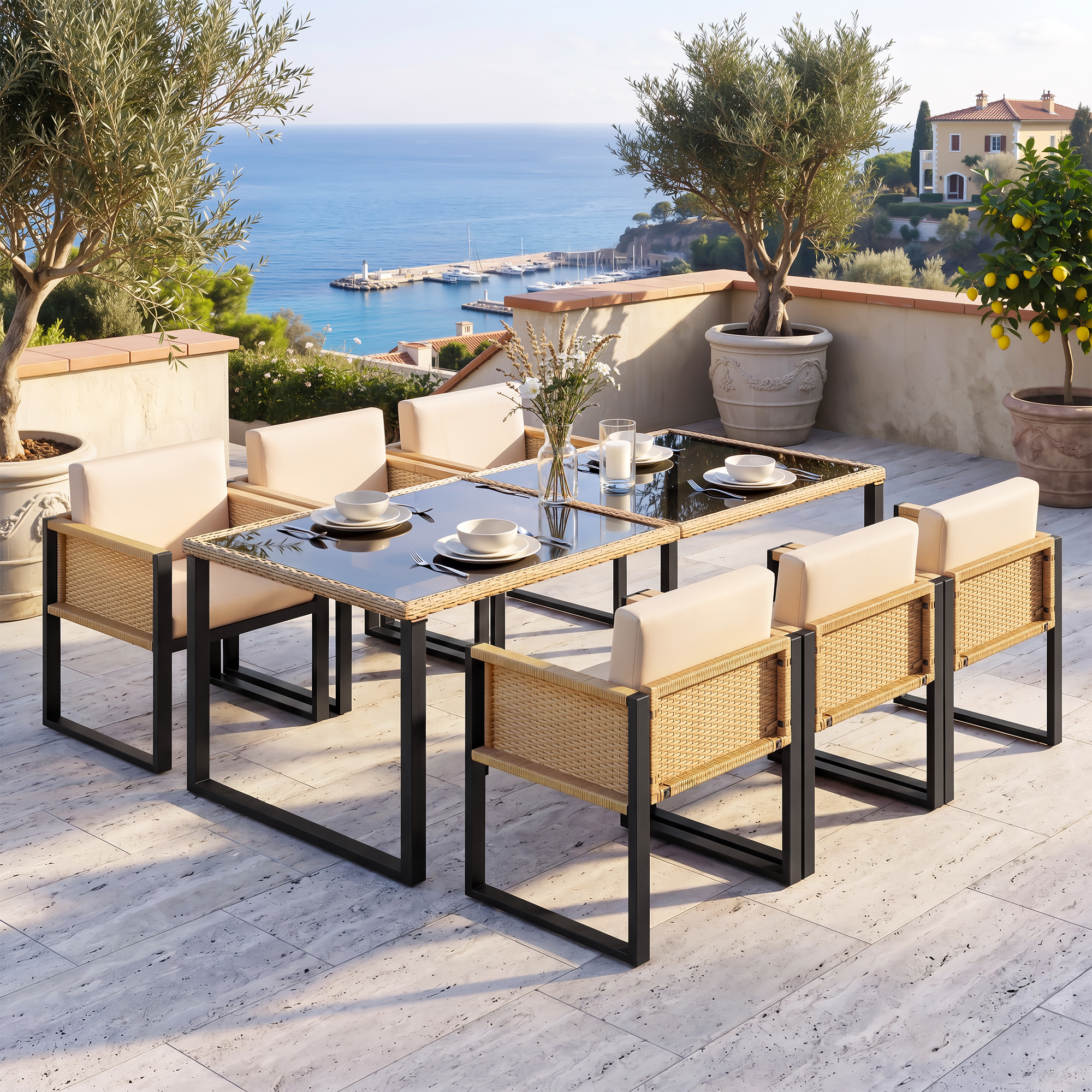 Ensemble repas de jardin 6 personnes en polyrotin noir et marron avec table en verre trempé, fauteuils et coussins lavables