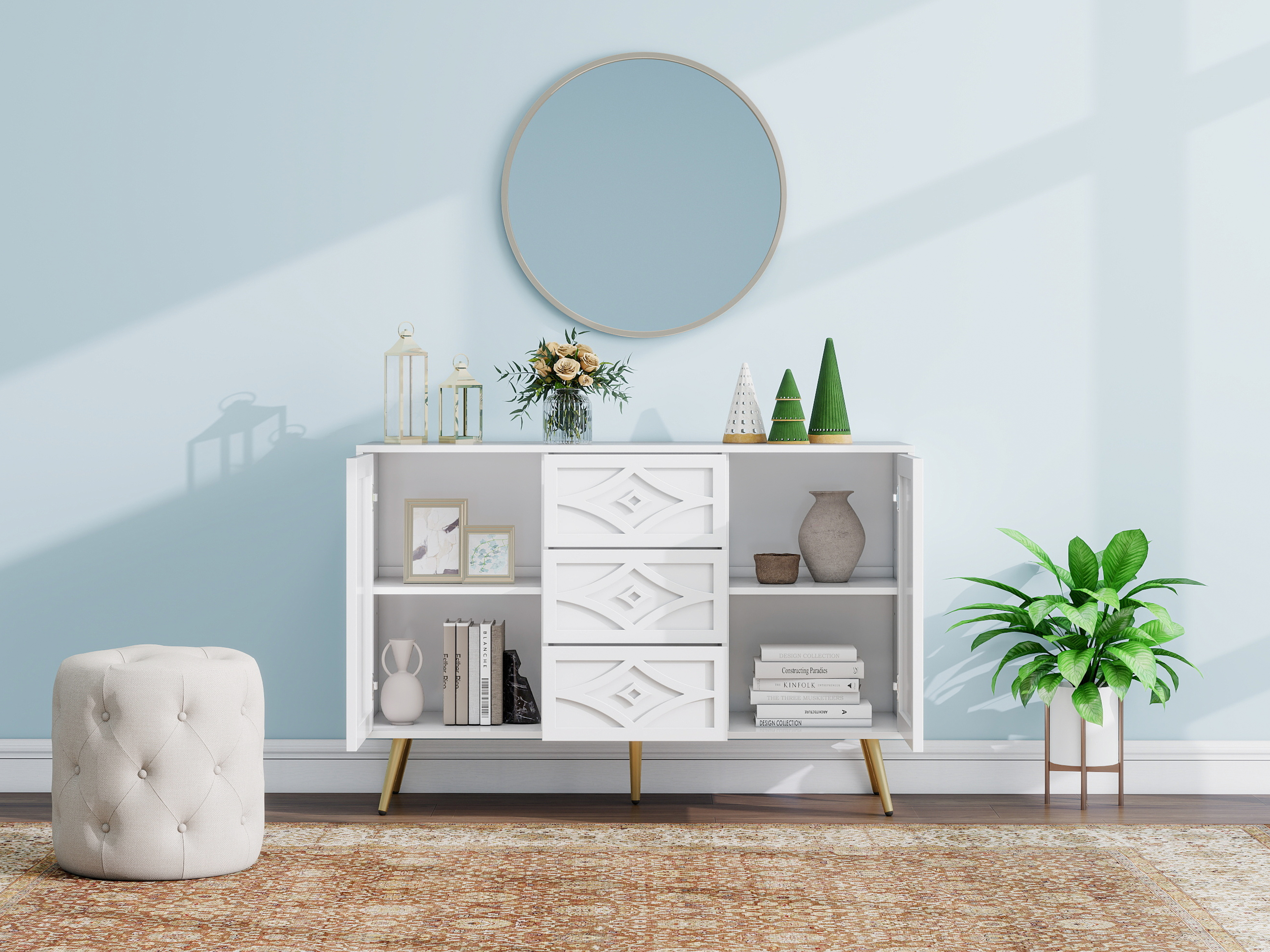 Détail motif losange tiroirs et portes commode blanche