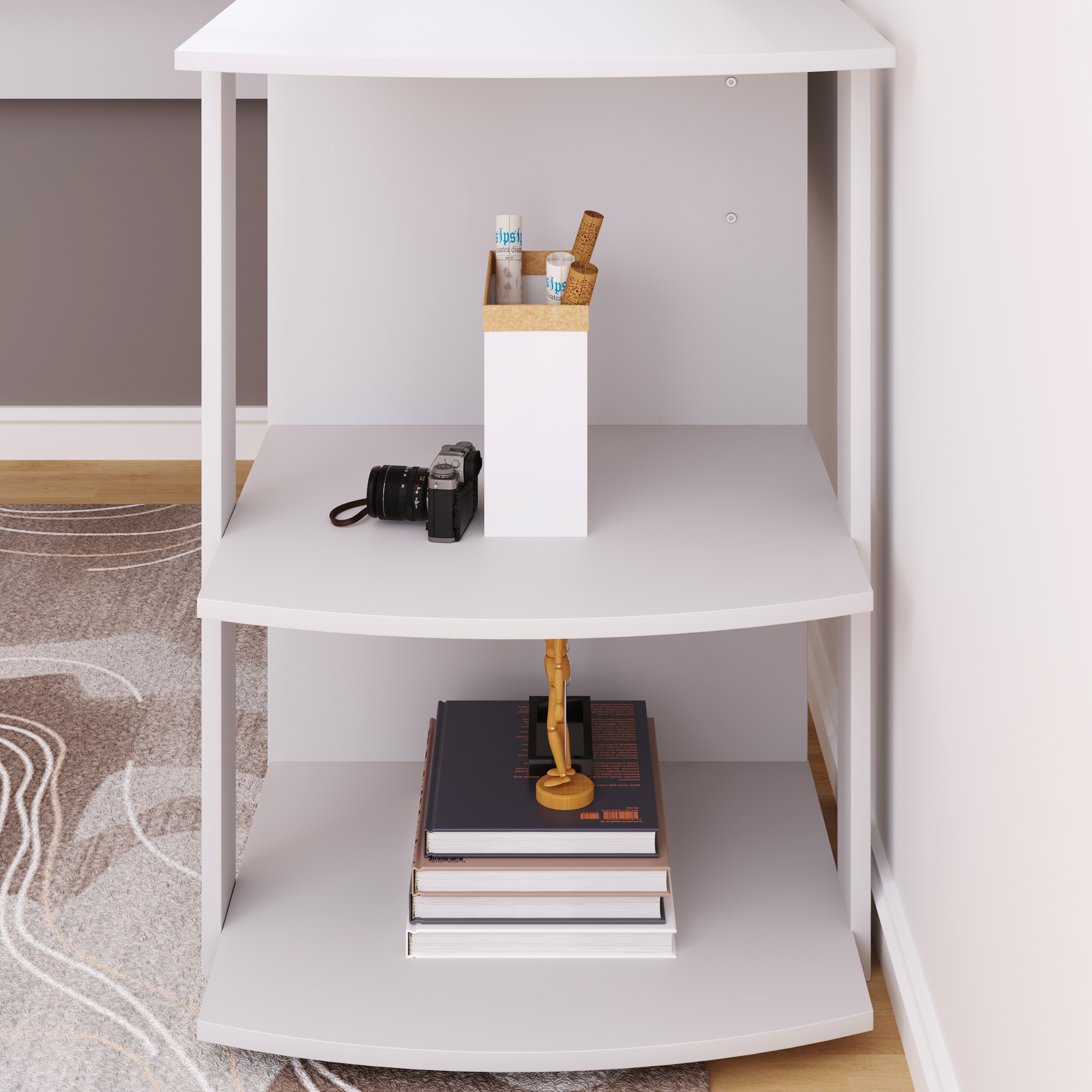 Bureau angle blanc espace jambes confortable sous plateau