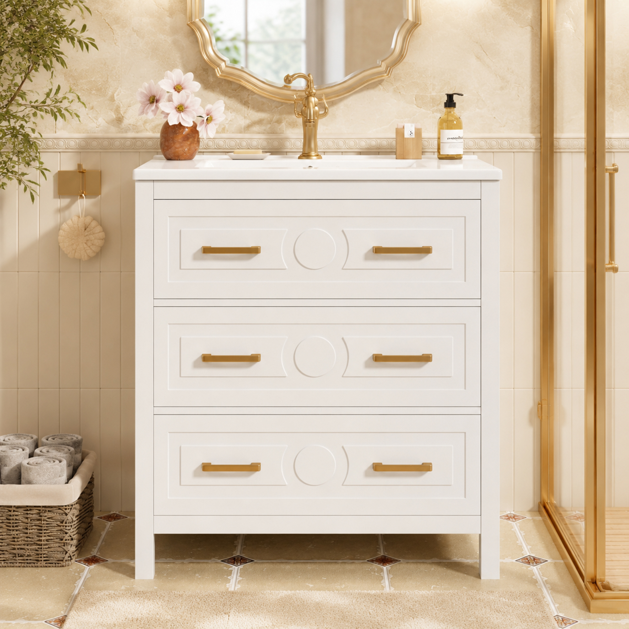 Meuble vasque sur pied blanc de 76,5 cm avec vasque en céramique et trois tiroirs