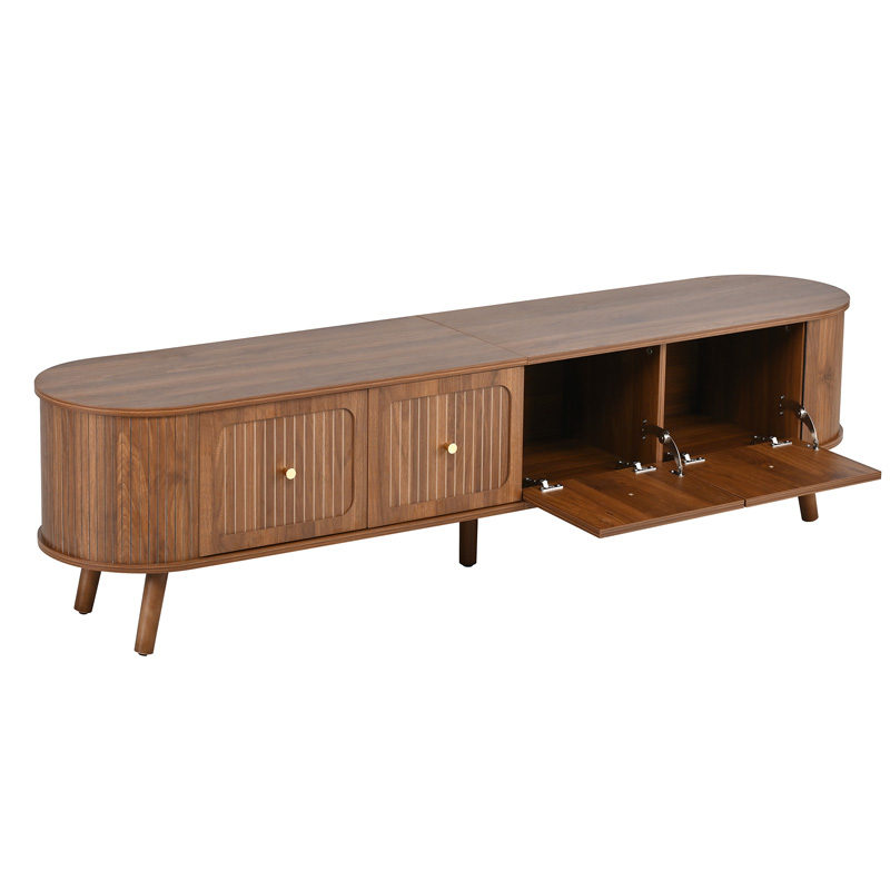 Meuble TV noyer vintage avec quatre portes, poignées dorées et pieds en bois