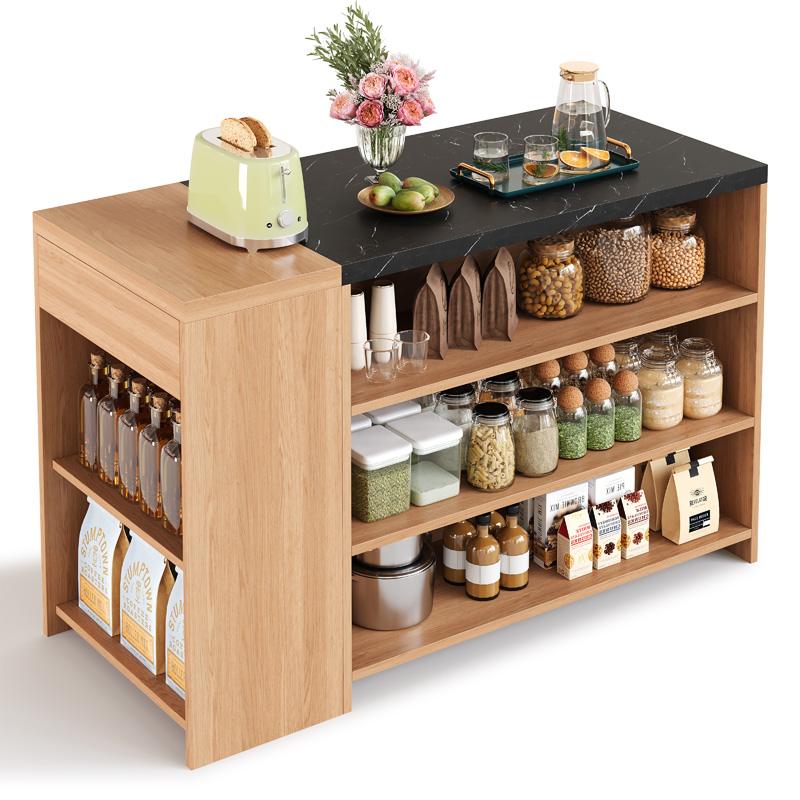 Îlot de cuisine noir effet marbre et bois naturel avec rangements ouverts et tiroir dissimulé