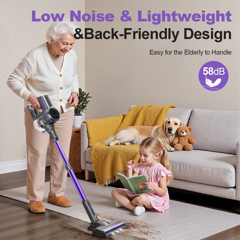 Aspirateur balai sans fil violet avec écran LED et brosse de sol éclairée