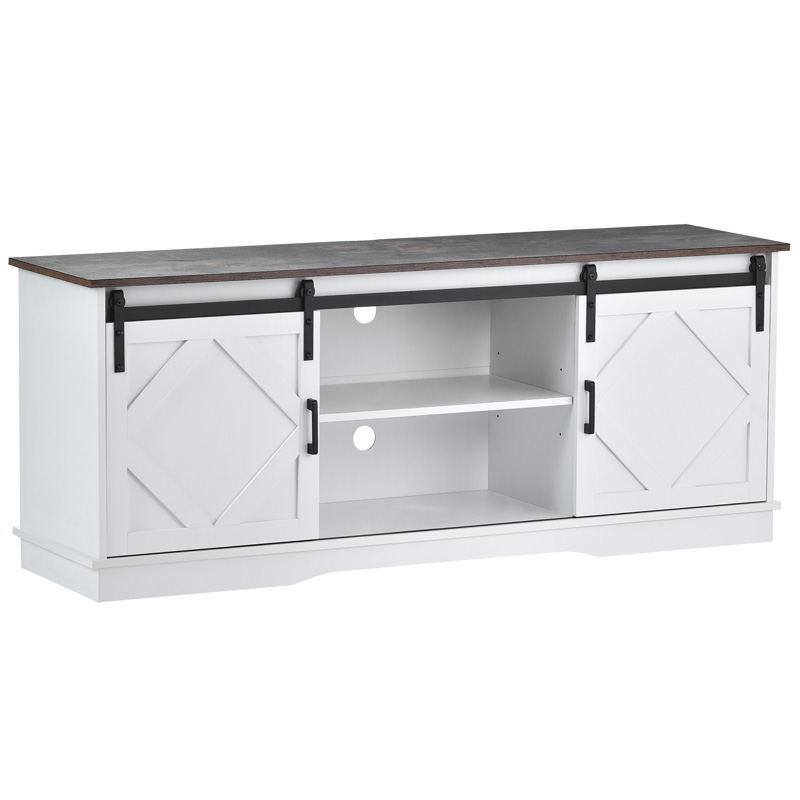 Meuble TV blanc et marron 150 x 40 x 60 cm avec portes coulissantes style grange et étagères réglables