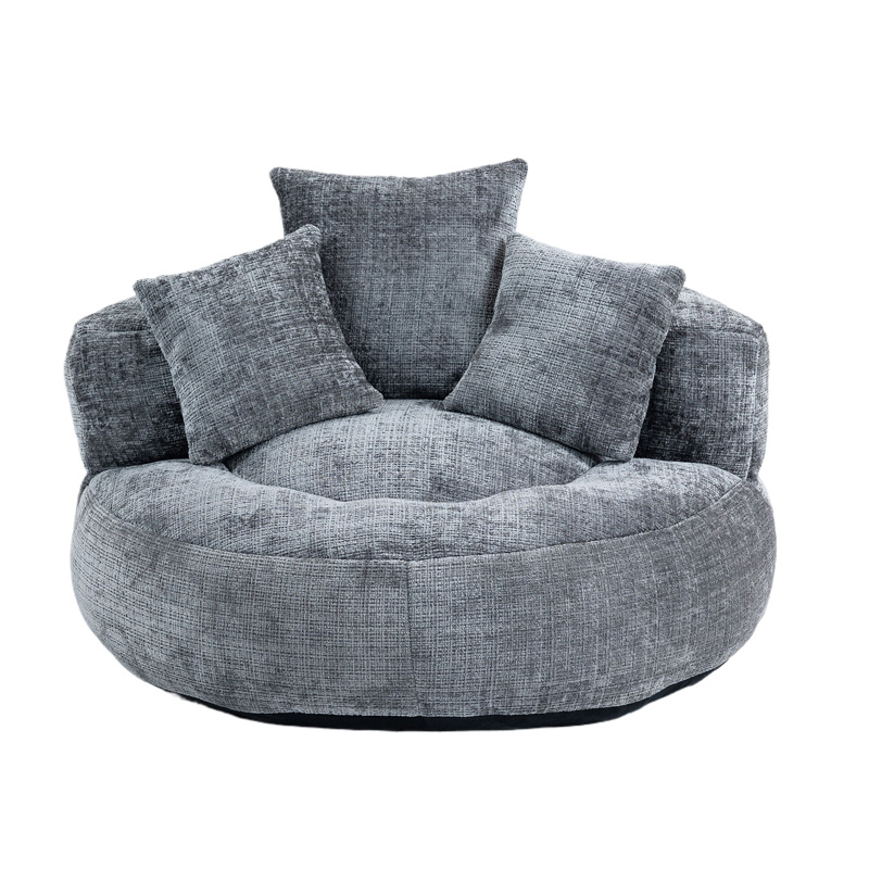 Fauteuil lounge gris en chenille avec dossier haut et trois coussins