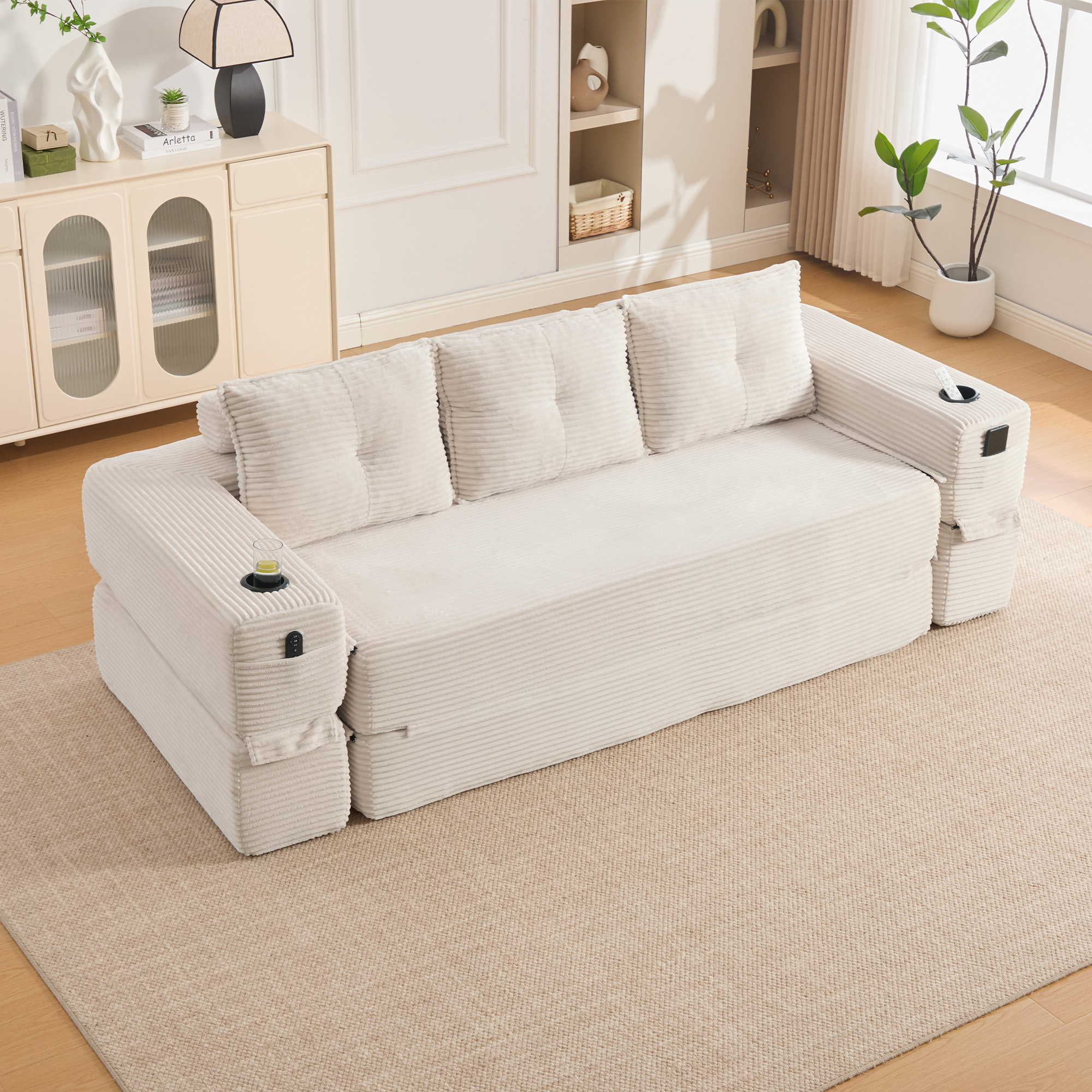 Canape convertible beige en velours cotele avec porte-gobelet et poches