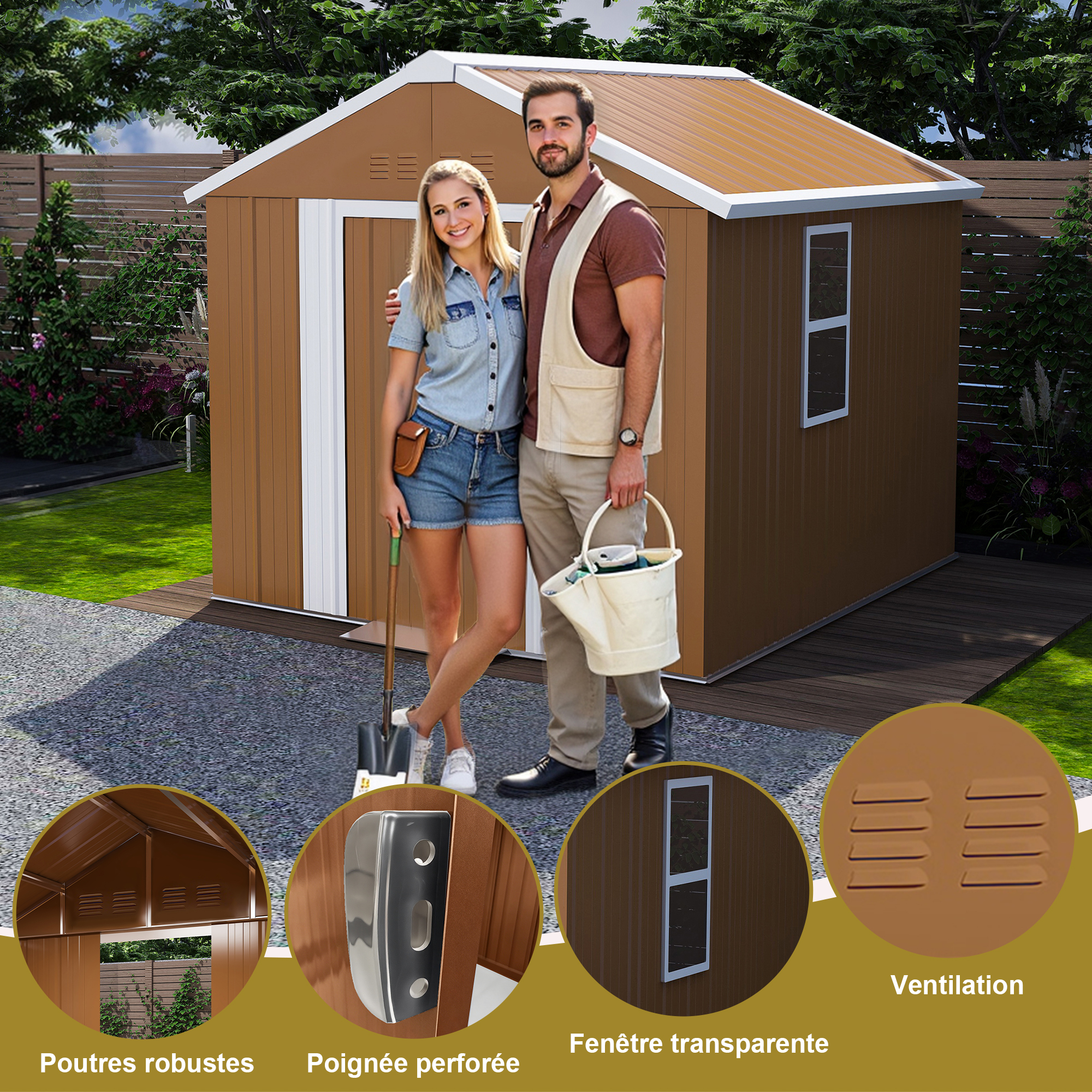 Abri de jardin en métal marron avec porte verrouillable et ventilation