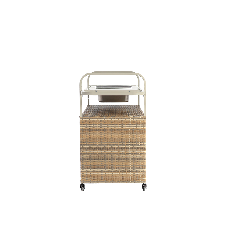 Vue latérale bar rattan beige avec panier latéral et plateau acier