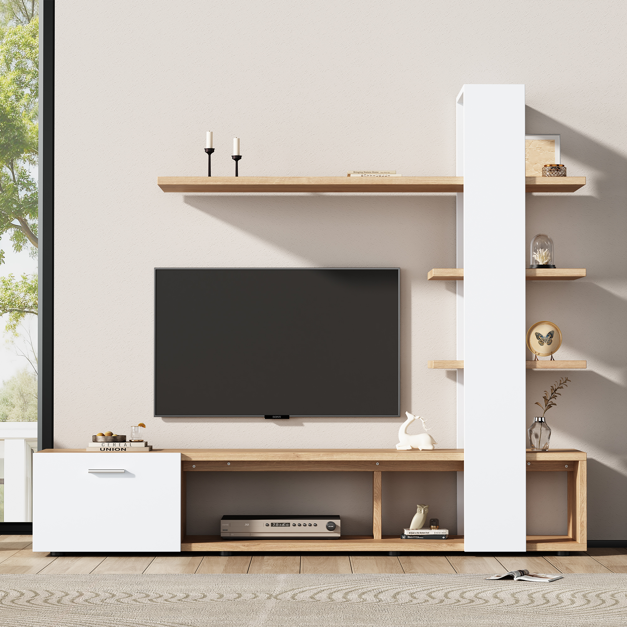 Ensemble TV mural chêne blanc vue complète installée