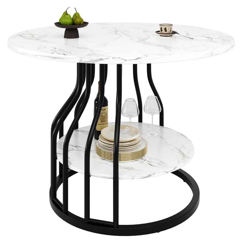 Table à manger ronde noire 80 cm pour 4 personnes avec plateau effet marbre, rangement inférieur et pieds réglables