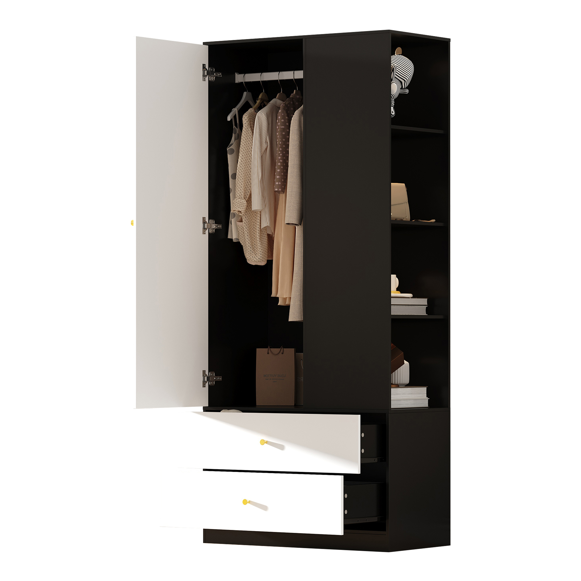 Porte miroir intégrée et design contraste blanc/noir élégant