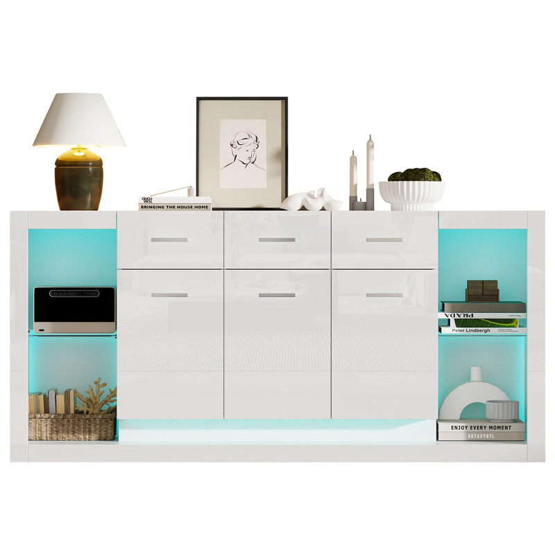 Buffet blanc brillant 160 cm avec éclairage LED, trois tiroirs, trois portes et étagères en verre trempé