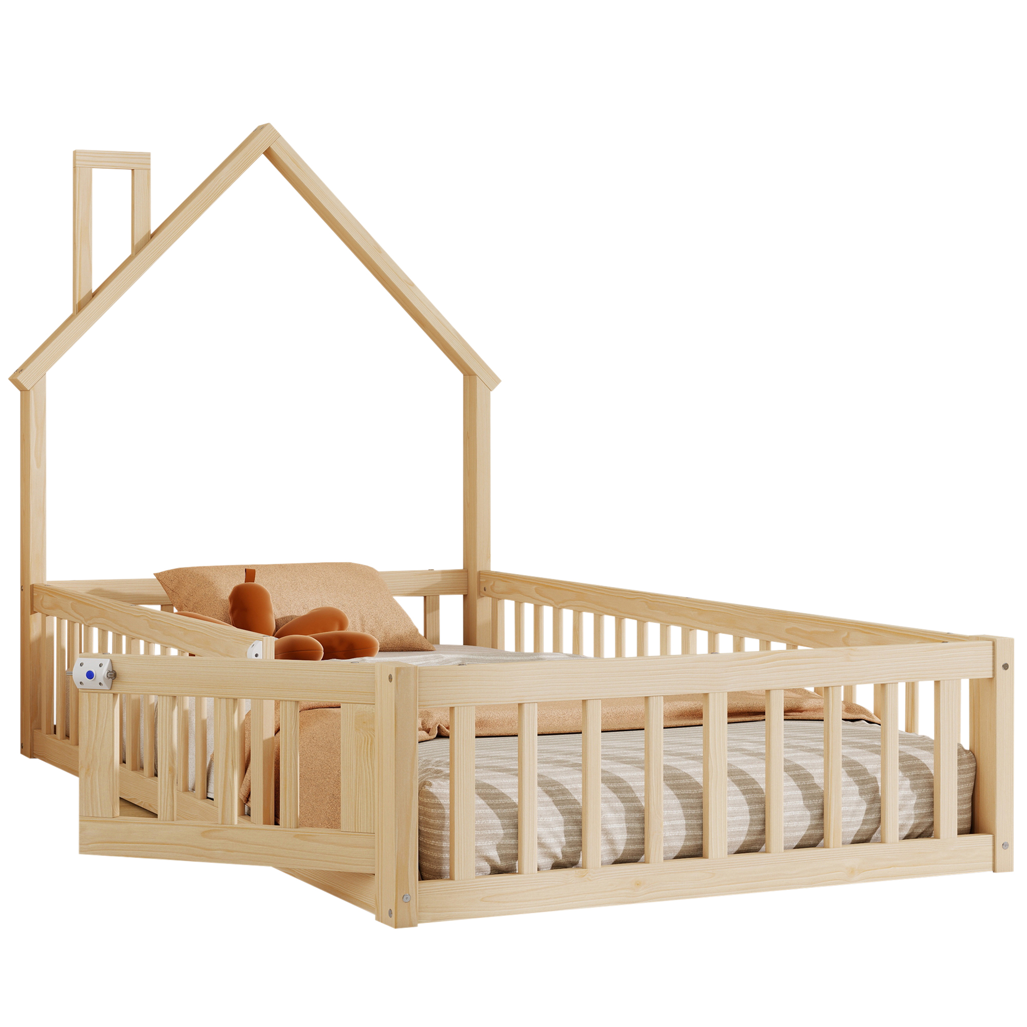 Lit enfant forme cheminée pin naturel vue complète chambre