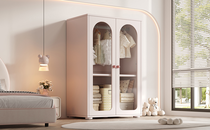 Armoire enfant rose pâle avec deux portes transparentes en acrylique, penderie et étagères réglables