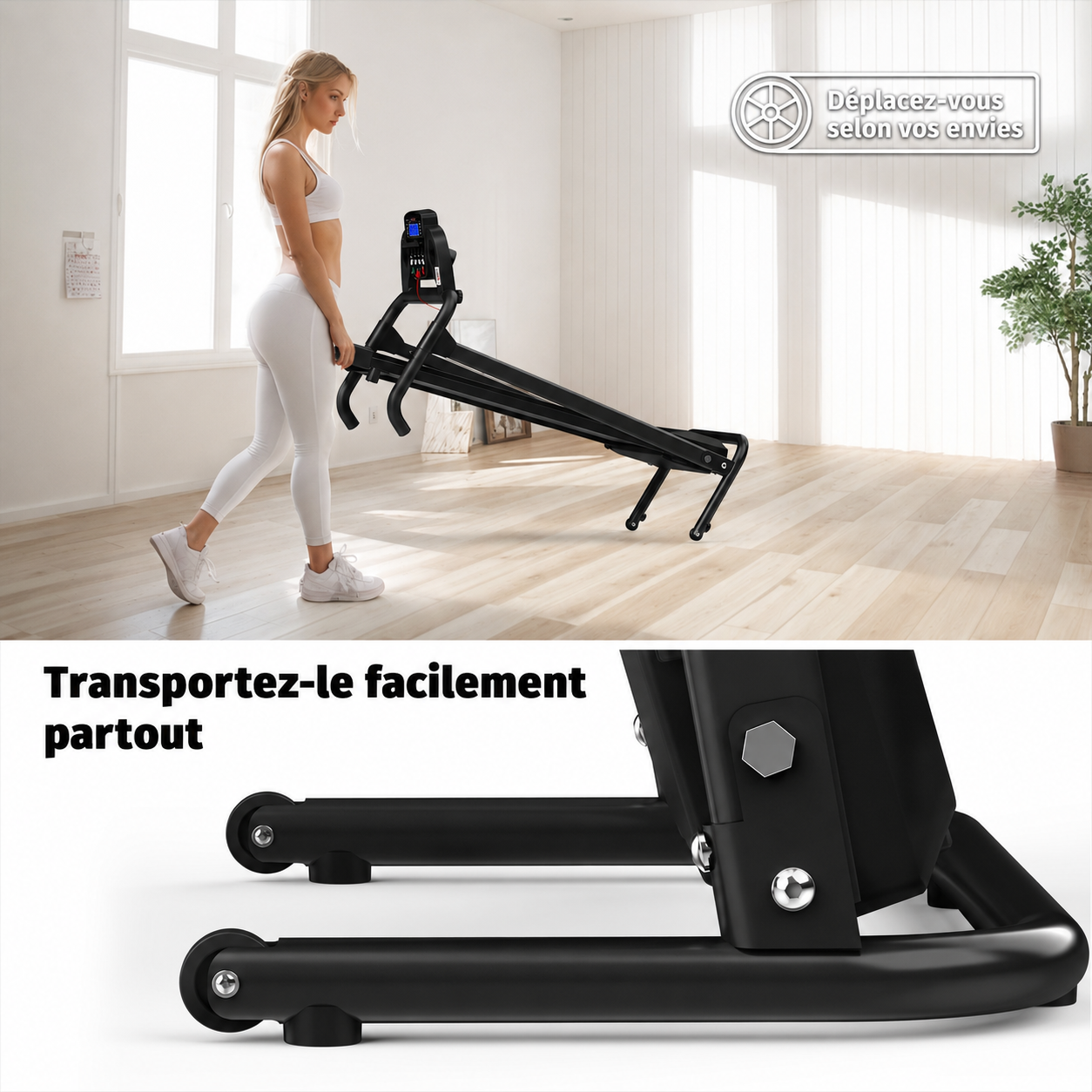 Tapis de course pliable 2 en 1 noir avec application, poignée de maintien et amorti renforcé
