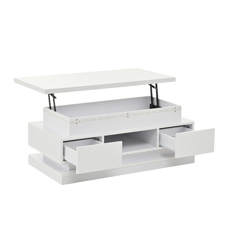 Table basse relevable blanche 100 x 50 cm avec LED, deux tiroirs et rangements dissimulés