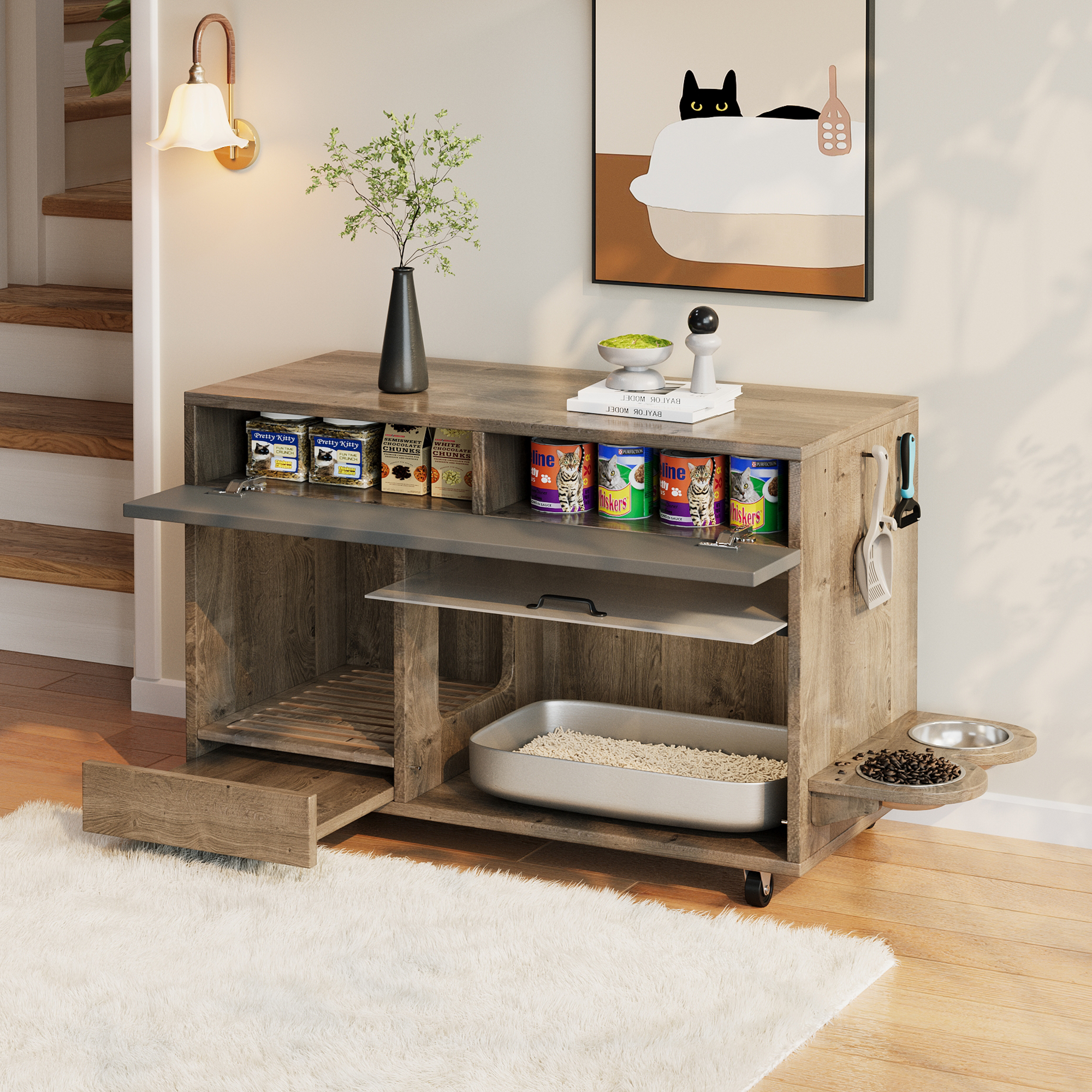 Porte acrylique relevée montrant litière cachée