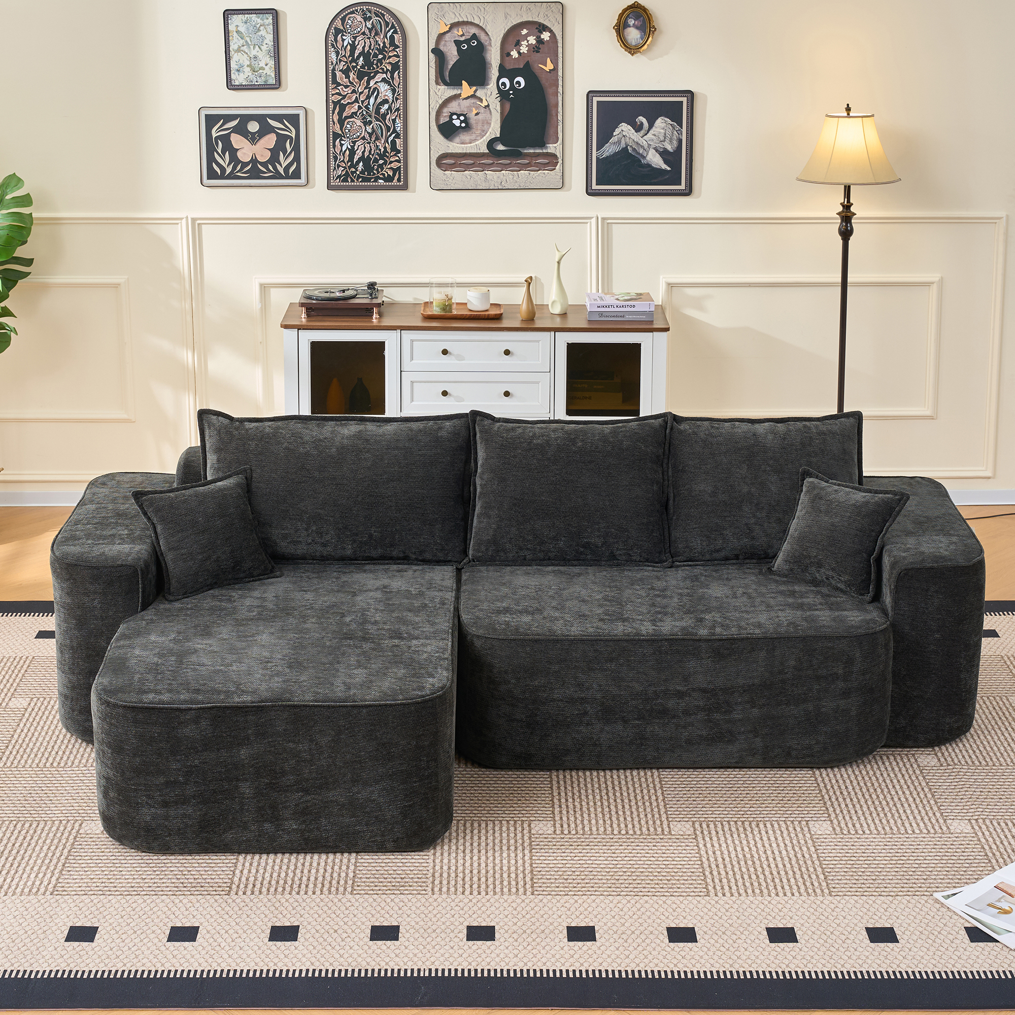 Canapé d’angle modulable 4 places noir en chenille avec méridienne et assise très profonde