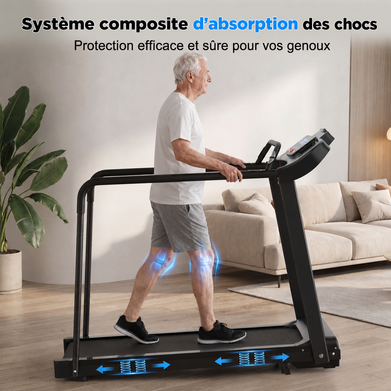 Tapis de course électrique noir avec inclinaison réglable et rampes de sécurité